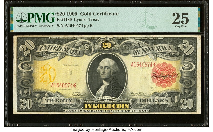 image for: Fr. 1180 $20 1905 Gold Certificate PMG Very Fine 25....