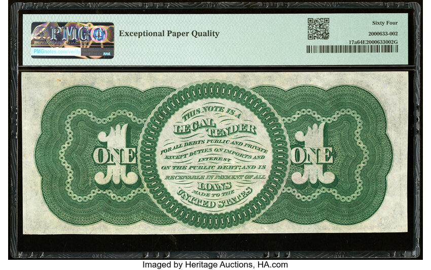 image for: Fr. 17a $1 1862 Legal Tender PMG Choice Uncirculated 64 EPQ....