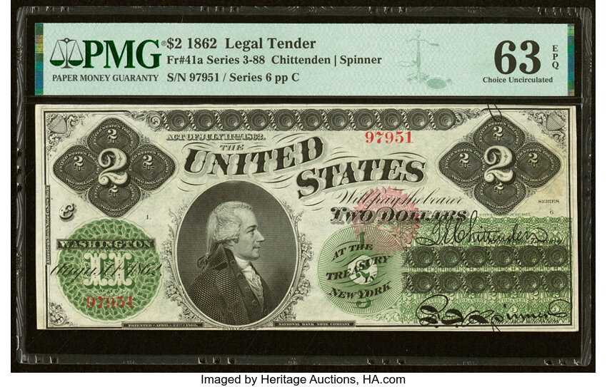 image for: Fr. 41a $2 1862 Legal Tender PMG Choice Uncirculated 63 EPQ....