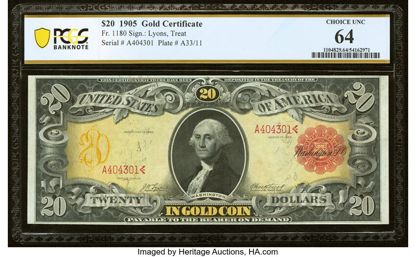 image for: Fr. 1180 $20 1905 Gold Certificate PCGS Banknote Choice Unc 64....