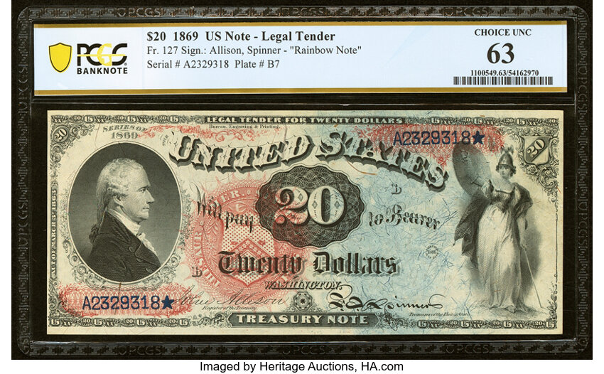 image for: Fr. 127 $20 1869 Legal Tender PCGS Banknote Choice Unc 63....