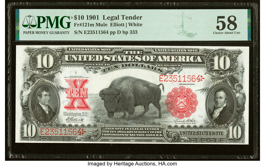image for: Fr. 121 $10 1901 Mule Legal Tender PMG Choice About Unc 58....