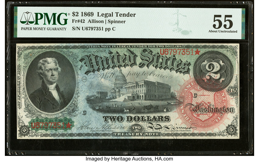 image for: Fr. 42 $2 1869 Legal Tender PMG About Uncirculated 55....