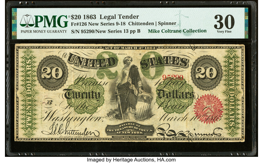 image for: Fr. 126 $20 1863 Legal Tender PMG Very Fine 30....