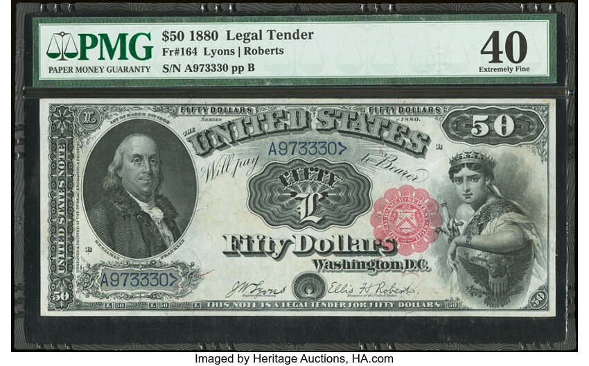 image for: Fr. 164 $50 1880 Legal Tender PMG Extremely Fine 40....