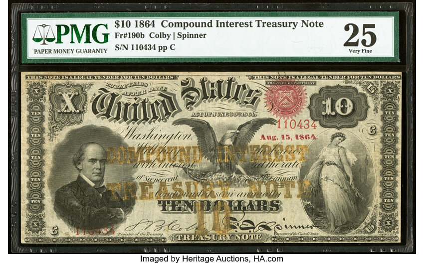image for: Fr. 190b $10 1864 Compound Interest Treasury Note PMG Very Fine 25....