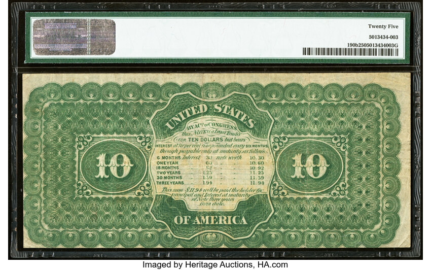 image for: Fr. 190b $10 1864 Compound Interest Treasury Note PMG Very Fine 25....