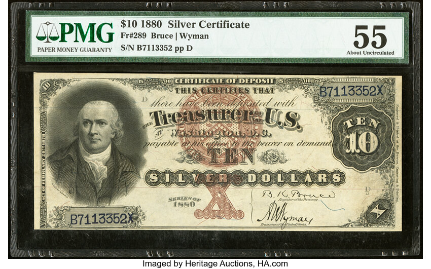 image for: Fr. 289 $10 1880 Silver Certificate PMG About Uncirculated 55....