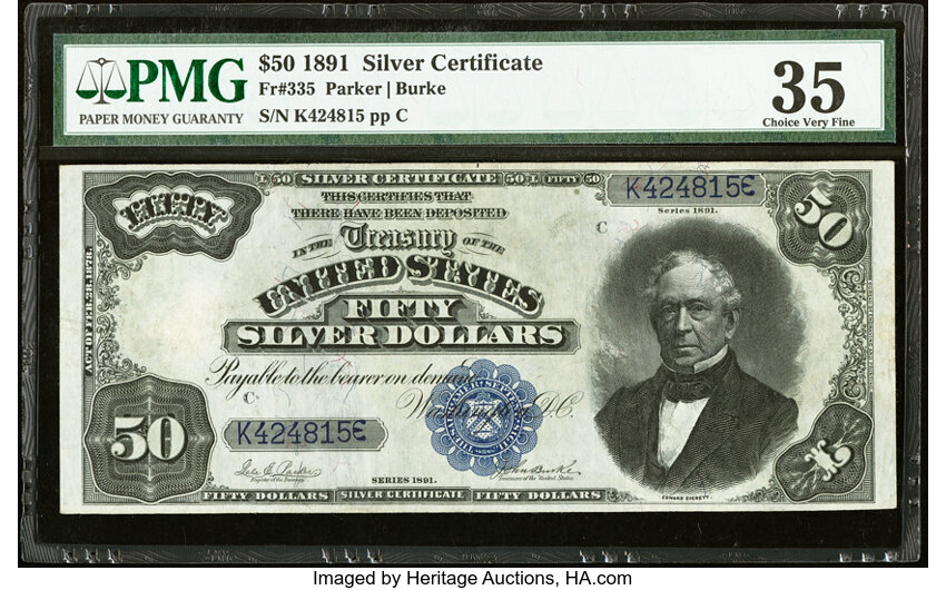 image for: Fr. 335 $50 1891 Silver Certificate PMG Choice Very Fine 35....