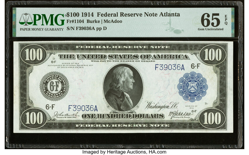 image for: Fr. 1104 $100 1914 Federal Reserve Note PMG Gem Uncirculated 65 EPQ....