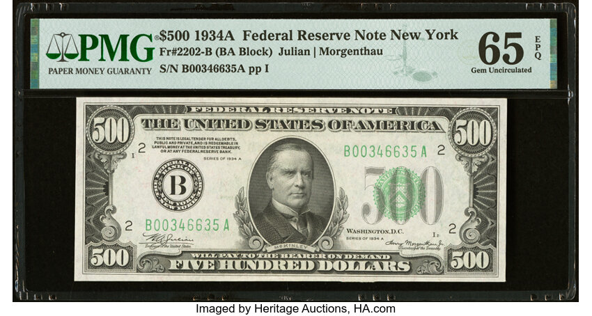 image for: Fr. 2202-B $500 1934A Federal Reserve Note. PMG Gem Uncirculated 65 EPQ....