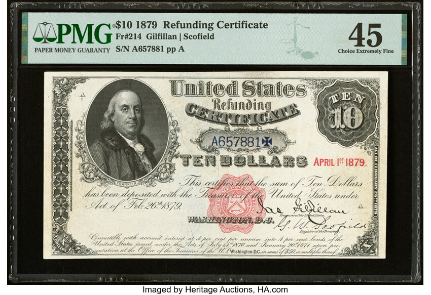 image for: Fr. 214 $10 1879 Refunding Certificate PMG Choice Extremely Fine 45....