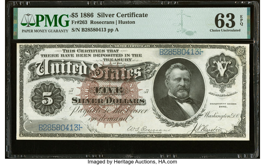 image for: Fr. 263 $5 1886 Silver Certificate PMG Choice Uncirculated 63 EPQ....