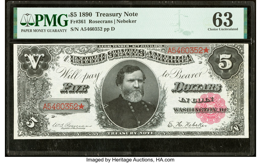 image for: Fr. 361 $5 1890 Treasury Note PMG Choice Uncirculated 63....