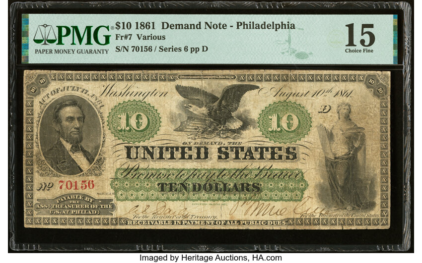 image for: Fr. 7 $10 1861 Demand Note PMG Choice Fine 15....