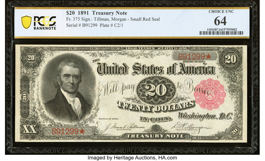 image for: Fr. 375 $20 1891 Treasury Note PCGS Banknote Choice Unc 64....