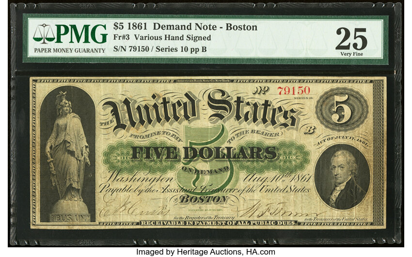 image for: Fr. 3 $5 1861 Demand Note PMG Very Fine 25....