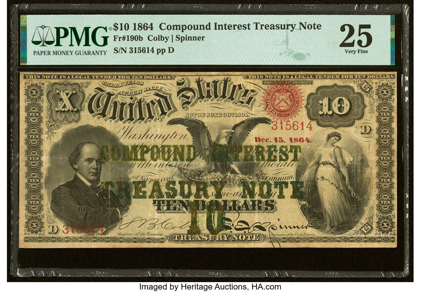 image for: "Dec. 15, 1864" Fr. 190b $10 1864 Compound Interest Treasury Note PMG Very Fine 25....