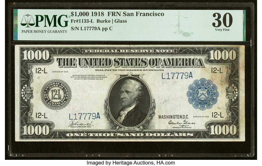 image for: Fr. 1133-L $1,000 1918 Federal Reserve Note PMG Very Fine 30....