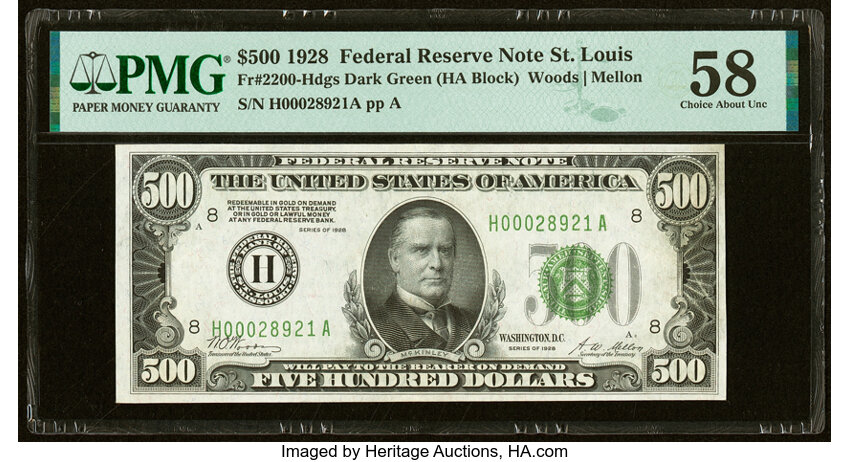 image for: Fr. 2200-H $500 1928 Federal Reserve Note. PMG Choice About Unc 58....