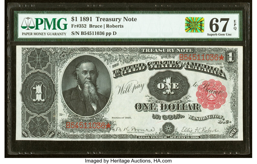 image for: Fr. 352 $1 1891 Treasury Note PMG Superb Gem Unc 67 EPQ....
