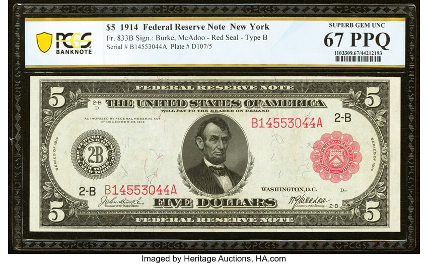 image for: Fr. 833b $5 1914 Red Seal Federal Reserve Note PCGS Banknote Superb Gem Unc 67 PPQ....