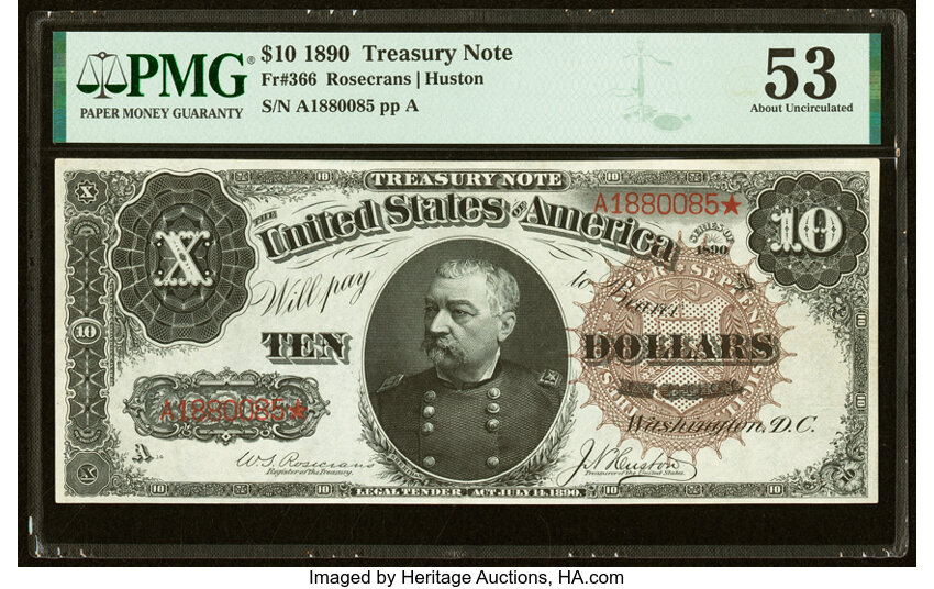 image for: Fr. 366 $10 1890 Treasury Note PMG About Uncirculated 53....