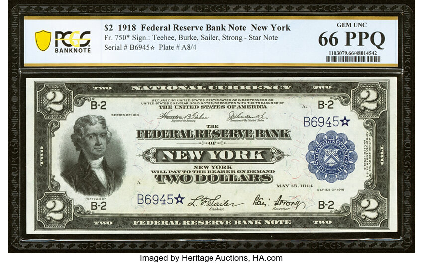 image for: Fr. 750* $2 1918 Federal Reserve Bank Star Note PCGS Banknote Gem Unc 66 PPQ....