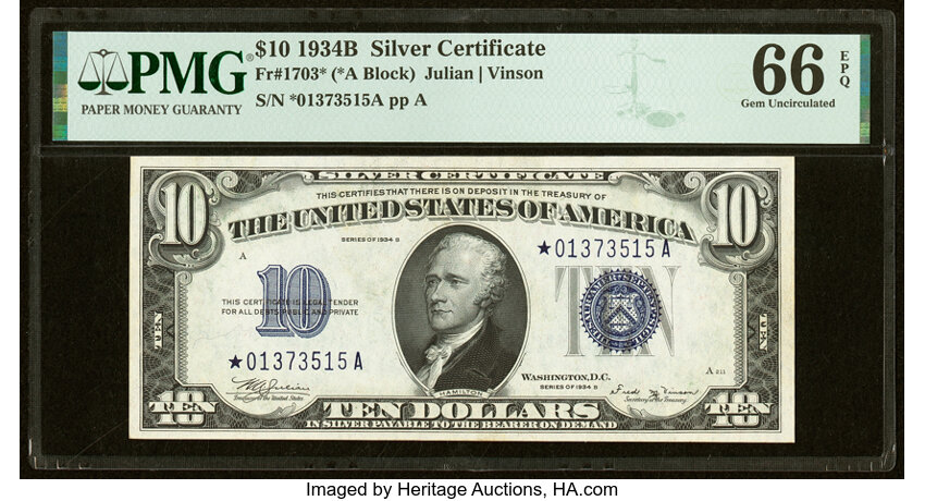 image for: Fr. 1703* $10 1934B Silver Certificate Star Note. PMG Gem Uncirculated 66 EPQ....