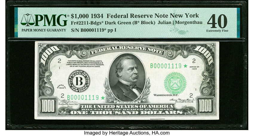 image for: Fr. 2211-B* $1,000 1934 Federal Reserve Star Note. PMG Extremely Fine 40....