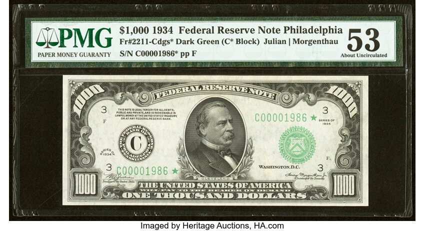 image for: Fr. 2211-C* $1,000 1934 Mule Federal Reserve Star Note. PMG About Uncirculated 53....