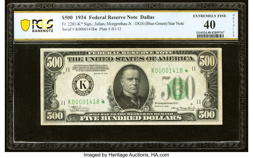 image for: Fr. 2201-K* $500 1934 Federal Reserve Star Note. PCGS Banknote Extremely Fine 40 Details....