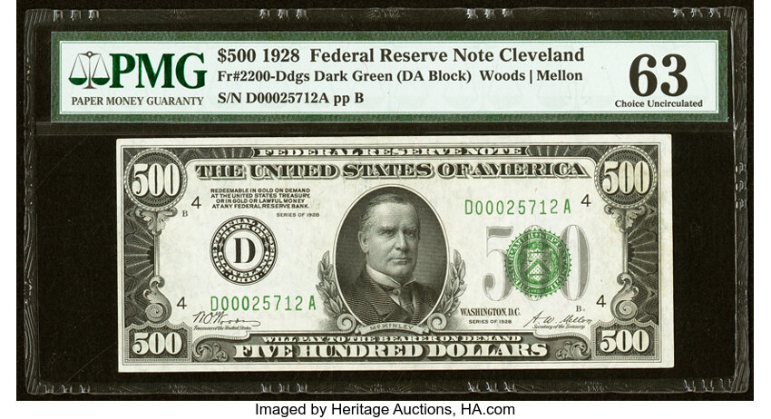 image for: Fr. 2200-D $500 1928 Federal Reserve Note. PMG Choice Uncirculated 63....