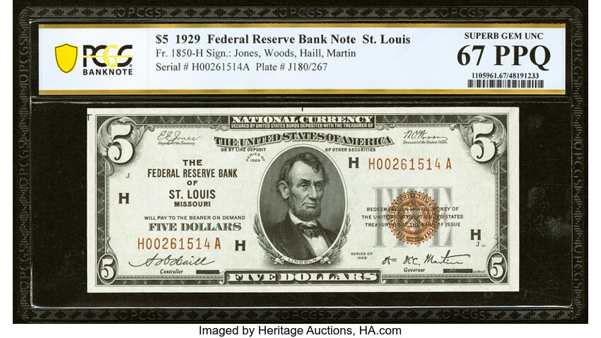 image for: Fr. 1850-H $5 1929 Federal Reserve Bank Note. PCGS Banknote Superb Gem Unc 67 PPQ....