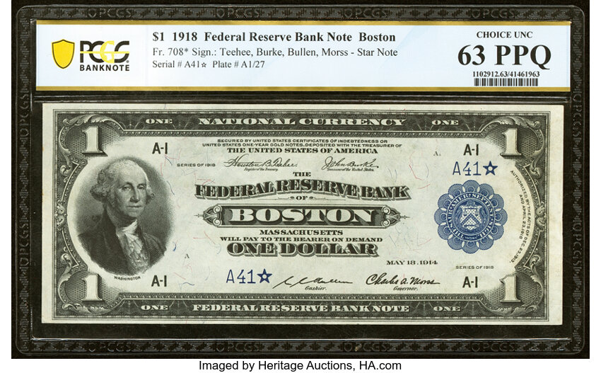 image for: Low Serial Number A41* Fr. 708* $1 1918 Federal Reserve Bank Star Note PCGS Banknote Choice Unc 63 PPQ....