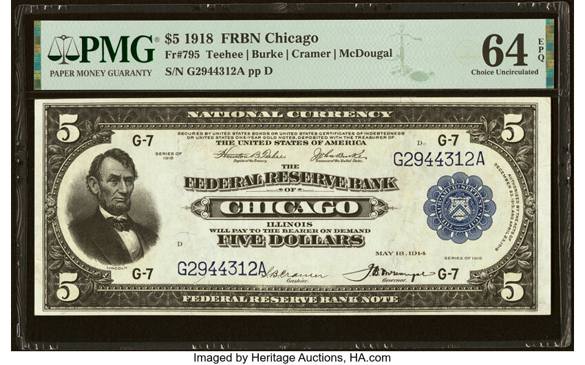 image for: Fr. 795 $5 1918 Federal Reserve Bank Note PMG Choice Uncirculated 64 EPQ....