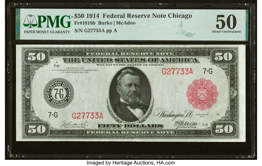 image for: Fr. 1018b $50 1914 Red Seal Federal Reserve Note PMG About Uncirculated 50....