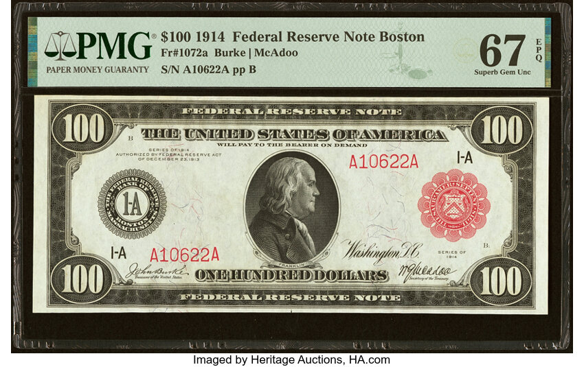 image for: Fr. 1072a $100 1914 Red Seal Federal Reserve Note PMG Superb Gem Unc 67 EPQ....