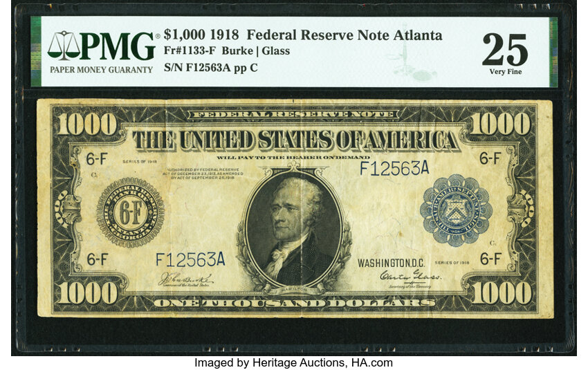image for: Fr. 1133-F $1,000 1918 Federal Reserve Note PMG Very Fine 25....