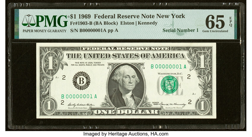 image for: Serial Number 00000001 Fr. 1903-B $1 1969 Federal Reserve Note. PMG Gem Uncirculated 65 EPQ....