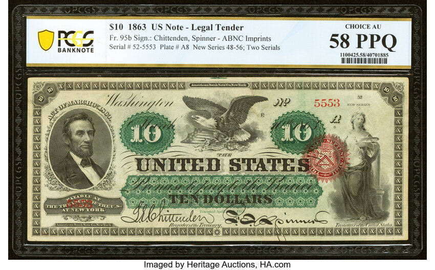 image for: Fr. 95b $10 1863 Legal Tender PCGS Banknote Choice AU 58 PPQ....