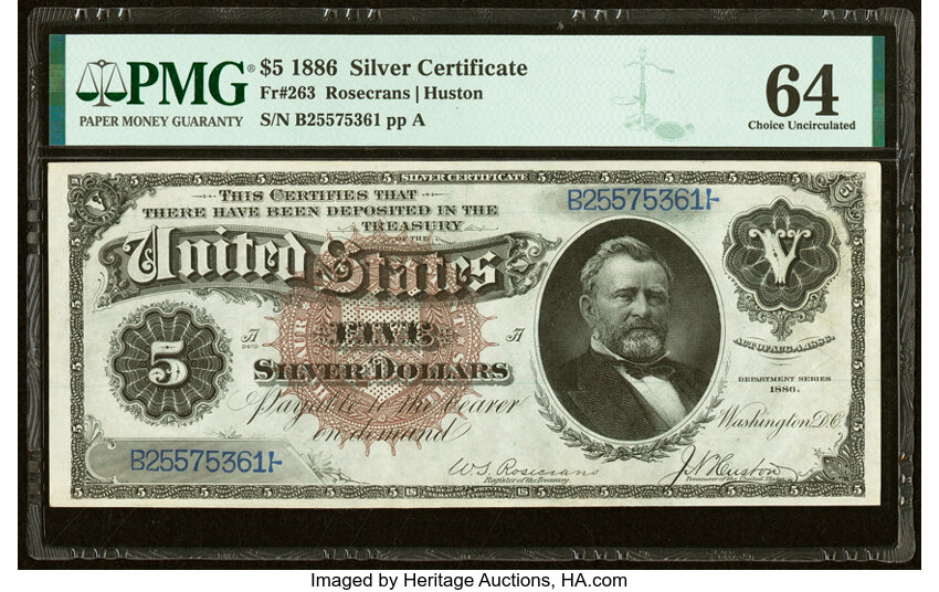 image for: Fr. 263 $5 1886 Silver Certificate PMG Choice Uncirculated 64....
