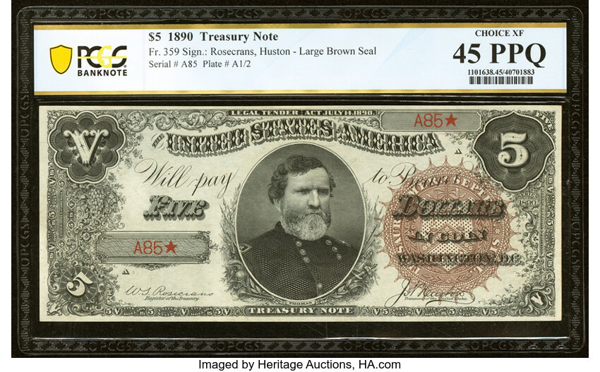 image for: Low Serial Number A85* Fr. 359 $5 1890 Treasury Note PCGS Banknote Choice XF 45 PPQ....