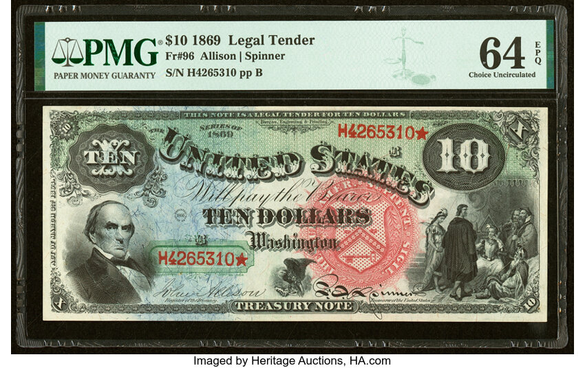 image for: Fr. 96 $10 1869 Legal Tender PMG Choice Uncirculated 64 EPQ....