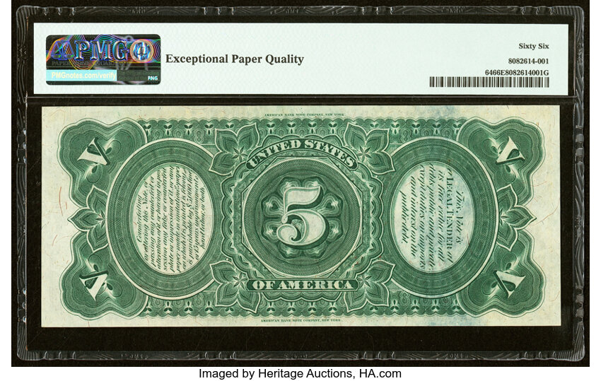 image for: Fr. 64 $5 1869 Legal Tender PMG Gem Uncirculated 66 EPQ....
