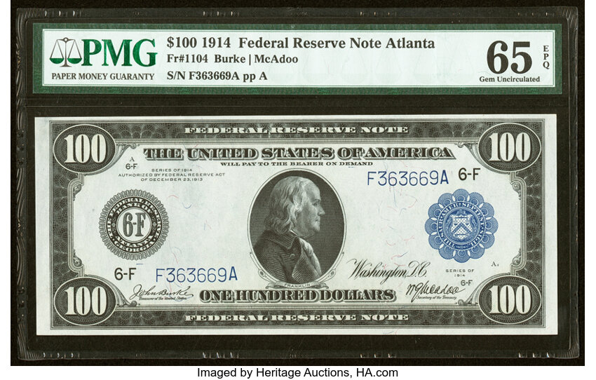 image for: Fr. 1104 $100 1914 Federal Reserve Note PMG Gem Uncirculated 65 EPQ....