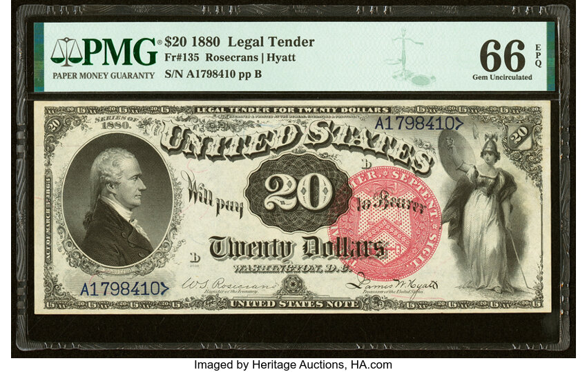 image for: Fr. 135 $20 1880 Legal Tender PMG Gem Uncirculated 66 EPQ....