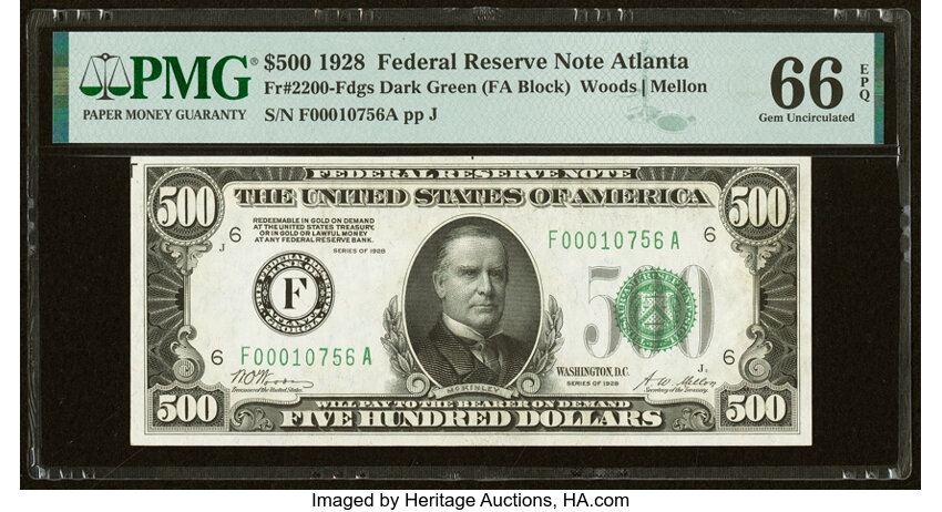 image for: Fr. 2200-F $500 1928 Federal Reserve Note. PMG Gem Uncirculated 66 EPQ....