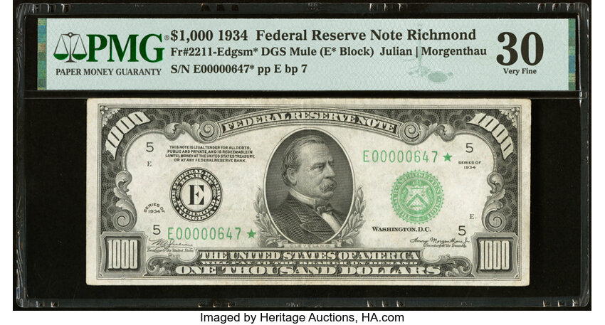 image for: Fr. 2211-E* $1,000 1934 Mule Federal Reserve State Note. PMG Very Fine 30....