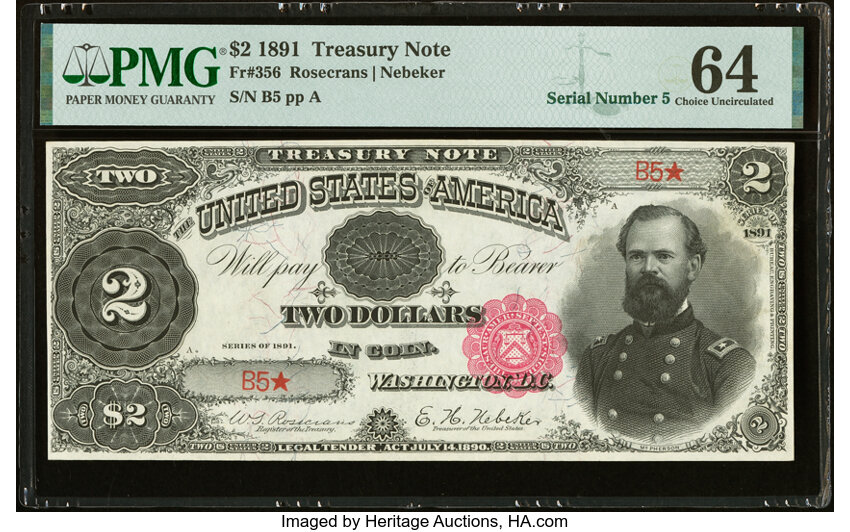 image for: Low Serial Number B5 Fr. 356 $2 1891 Treasury Note PMG Choice Uncirculated 64....